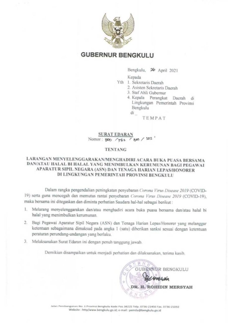 Surat Edaran Gubernur Bengkulu/RMOLBengkulu