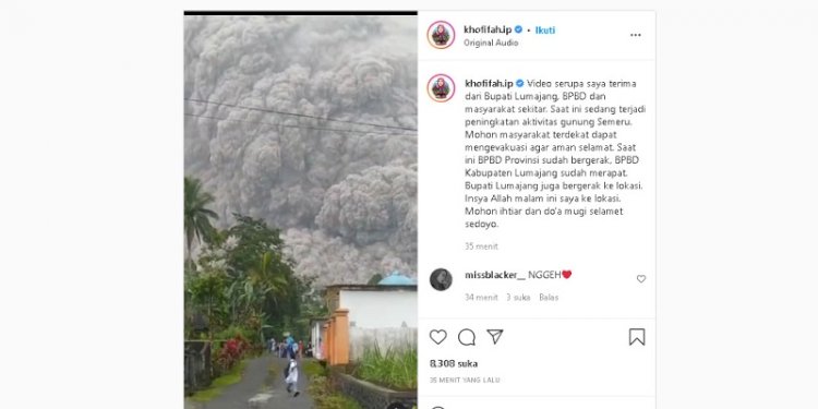 Postingan Gubernur Jawa Timur, Khofifah Indar Parawansa yang memperlihatkan erupsi Gunung Semeru pada Sabtu sore (4/12)/RMOL