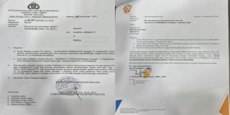 Surat permintaan perubahan jadwal Arema FC vs Persebaya dari Polres Malang (kiri) dan surat balasan dari PT Liga Indonesia Baru (PT LIB)/ Repro