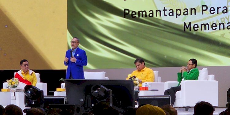 Ketua Umum PAN Zulkifli Hasan (Zulhas) saat memberikan sambutan di Hari Ulang Tahun (HUT) ke-58 Partai Golkar di JIExpo, Kemayoran, Jakarta Pusat, pada Kamis malam (20/10)/RMOL
