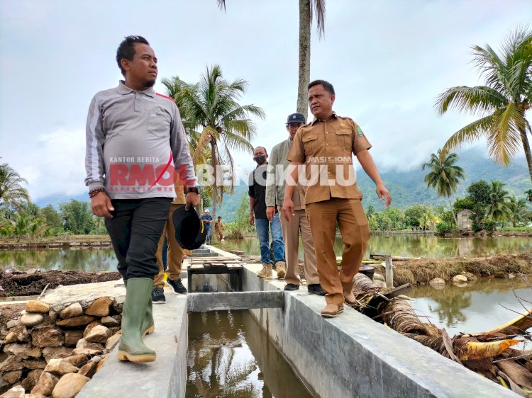 Ketua DPRD Lebong, Carles Ronsen didampingi Kadis Pertanian dan Perikanan Lebong, Hedi Parindo saat meninjau  pembangunan BK6/RMOLBengkulu