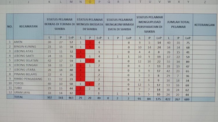 Rekap Table pendaftar PPK di Kabupaten Lebong/Ist