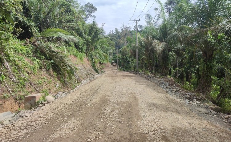 Proses pembangunan Jalan Desa Penyandingan -Desa Tanjung Air yang menelan APBD Pemkab Kaur sekitar  Rp 8,7 Miliar