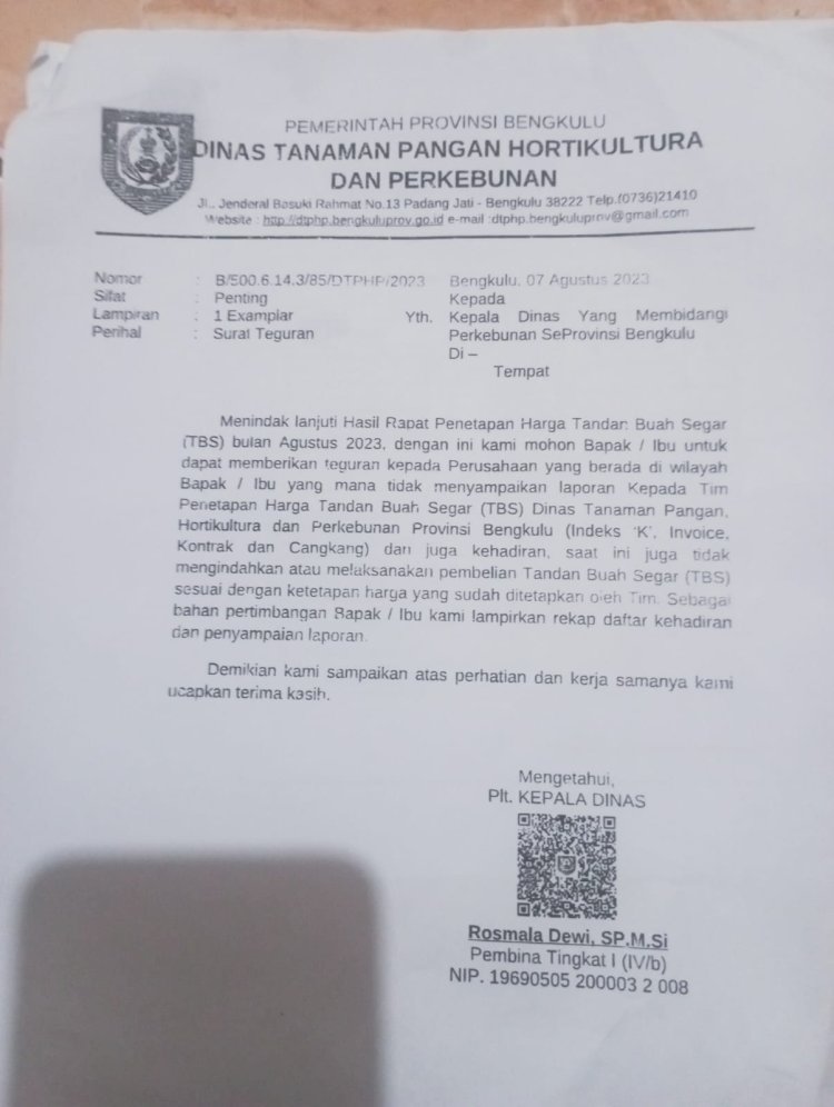 Dokumen Surat DTPHP kepada dinas Perkebunan di Pemkab se-provinsi Bengkulu
